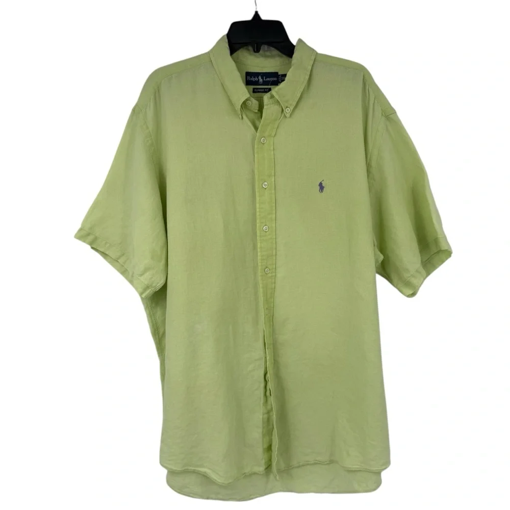 Ralph Lauren Mens Size XXL Short Sleeve 100% Linen Shirt button front Green
